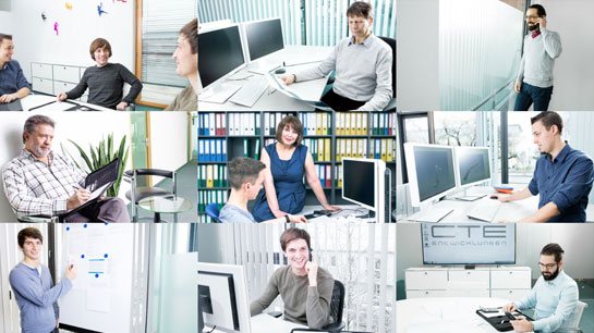 Collage mit Bildern von Angestellten bei der Arbeit